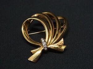 ■美品■ BALMAIN バルマン ラインストーン リボンモチーフ ピンブローチ ピンバッチ アクセサリー レディース ゴールド系 DE6145