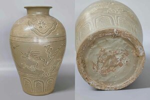 ■観心・時代旧蔵■C12198朝鮮珍品 朝鮮 高麗磁 朝鮮古陶磁器 古高麗 李朝時代 高麗粉青黒白象嵌梅瓶