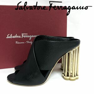 Salvatore Ferragamo サルヴァトーレ フェラガモ Abriola Flower Heel Mules フラワーヒール ミュール レザー 本革 靴 サンダル　24cm 黒