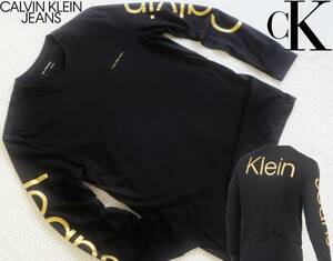 新品★カルバンクライン★ブラック ロンT★バック&アーム ゴールド ロゴ プリント★長袖 Tシャツ 黒 金 L★Calvin CK★593