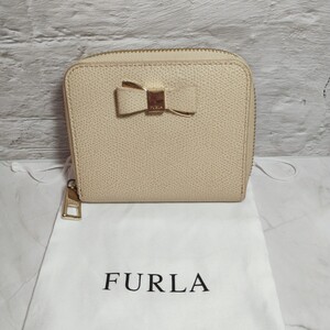 FURLA 二つ折り財布 ラウンドファスナー レザー 小銭入れあり リボン ベージュ レディース フルラ 保存袋付き 送料無料