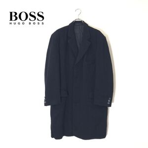 1I2648-T-N◆HUGO BOSS テーラードコート ロングコート 総柄 胸ポケット シングルボタン◆size54 ブラック メンズ トップス ウール