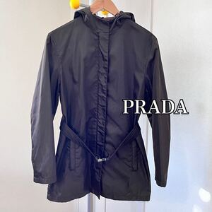 プラダ PRADA フード付きアウター 光沢ナイロン ジップアップブルゾン コート ジャケット 軽いアウター レディース ブラウン 焦茶 M 38 1円