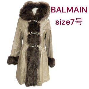 美品　バルマン　BALMAIN フォックスファー使用　リアルレザー　ロング　コート　S4L396