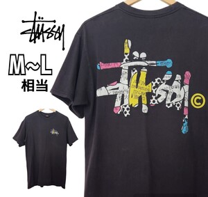 00s STUSSY ショーンフォント バックプリントTシャツ ブラック 古着 M～L相当