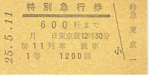 【硬券 記念券】昭和57年7月　特急はと号乗車記念