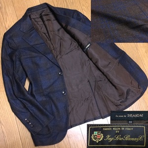 La cresta de DRAGONE x 伊 Loro Piana ロロピアーナ 高級 シルク&カシミヤブレンド チェック柄 テーラードジャケット メンズ 46 茶 紺