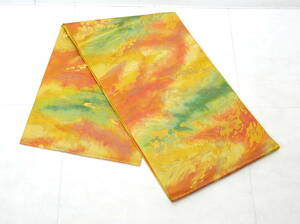 ▲(R602-B55)美品 正絹 八寸名古屋帯 からし色に緑やオレンジ 風景柄