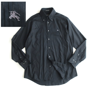 美品◎BURBERRY BLACK LABEL 100/2 double needle シャドーストライプシャツ ブラック 3 高級織コットン