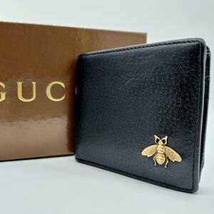 【良品】　Gucci　グッチ　二つ折り財布 財布 アニマリエ ウォレット カードケース コインケース ビー メタルビー 蜂 革 エンブレム　黒