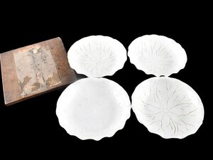 【雲】某収集家放出品 高麗 白磁蓮形小皿 4客 直径13.3cm 箱付 古美術品(向付懐石料理道具)Y951 OTD4eg6