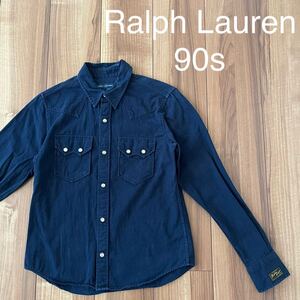 90s Ralph Lauren sport ラルフローレン スポーツ ウエスタンシャツ スナップボタン 長袖 コットン ネイビー レディース サイズ7 玉mc2649