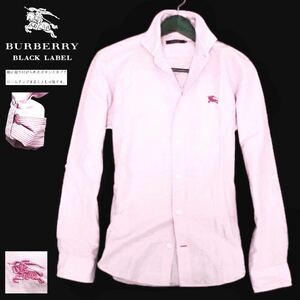 極美品 バーバリーブラックレーベル BIGホース刺繍 襟袖ボーダー 麻リネン 2WAY ロールアップ 長袖シャツ 3/L ピンク BURBERRY BLACK LABEL