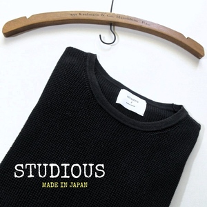 【STUDIOUS ステュディオス】サーマル ワッフル Tシャツ 無地 黒 SIZE2!!　（MADE IN JAPAN）