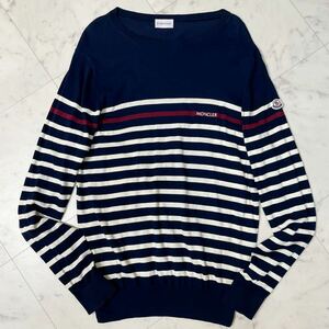 極美品/XL★ MONCLER モンクレール MAGLIA TRICOT COLLO A BARCHET ボーダー 長袖 ニット セーター 大きいサイズ コットン ネイビー メンズ