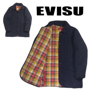 極美 EVISU 防寒性抜群 蓄熱保温 ウール地 裏チェック 中綿キルティング ハーフコート ジャケット メンズ40 エビス エヴィス ヤマネ 250142