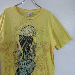 ○良品 USA製 Ed Hardy エドハーディー◆christian audigier Tシャツ カットソー 両面プリント◆メンズ イエロー Mサイズ