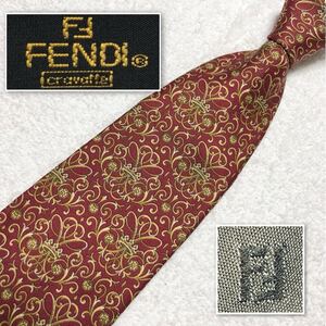 ■美品■FENDI フェンディ　ネクタイ　王冠　黄金装飾　総柄　シルク100% イタリア製　ブラウン系　ビジネス