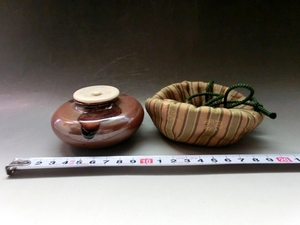 茶入れ■大海型茶釉茶入 なだれ 平茶瓶 仕覆付き 糸切高台 京焼 お茶道具 古美術 時代物 骨董品■