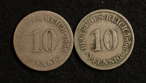 KM#12/ドイツ帝国 10ペニヒニッケル銅貨(1896）ミントマーク2種セット！[E830]コイン