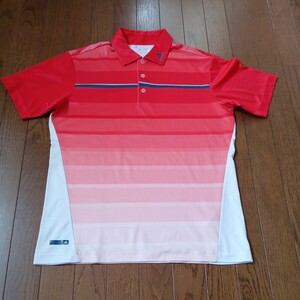 K-157【中古】adidas golf　アディダスゴルフ　ゴルフウェア　半袖　ポロシャツ　オレンジ系のボーダー柄　左襟にadidas刺繍　メンズ　M