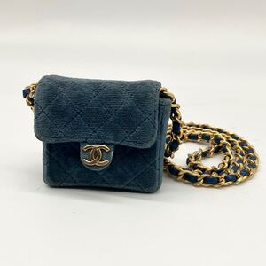 希少 美品 CHANEL シャネル ミニミニマトラッセ チェーンショルダーバッグ ベロア ブルー ココマーク 斜めがけ クロスボディ