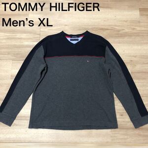 【送料無料】TOMMY HILFIGER Ｖネック長袖スウェットトレーナー　ネイビーグレー　メンズXLサイズ　トミーヒルフィガー