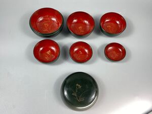 【福蔵】 木製 漆器 入子 6点 輪島塗 時絵 金彩 レトロ 高6cm