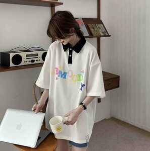 韓国風 レディース 半袖Tシャツ 新しい夏 気質 ファッションTシャツ 学生ポロシャツ M ホワイト