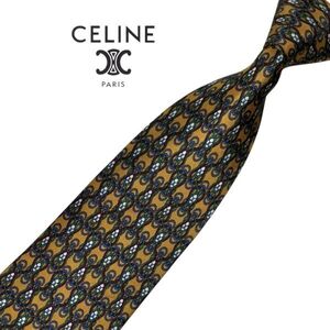 ★馬具柄★高級ネクタイ★CELINE ブラウン系 チェーン パターン柄 セリーヌ スペイン製 シルク USED プレス済み t1057