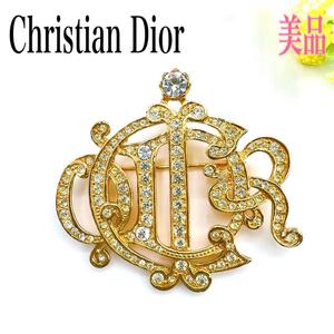 Christian Dior DIOR クリスチャンディオール ディオール ブローチ エンブレム ロゴ ラインストーン GP ゴールド系 プレゼント