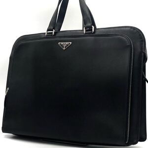 1円 【紳士御用達】 PRADA プラダ ビジネスバッグ ブリーフケース サフィアーノレザー ブラック A4可 三角ロゴプレート メンズ 白タグ 