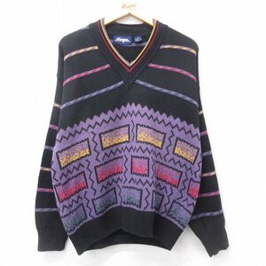 XL/古着 長袖 セーター メンズ 90s 大きいサイズ コットン Vネック 黒他 ブラック 24oct01 中古 ニット トップス