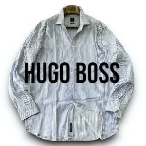 A16 美品 爽快！鮮やかな逸品！ 定価5万 XXLぐらい 46『ヒューゴボス HUGO BOSS』リネン素材 長袖 シャツ ブルーストライプデザイン 青色