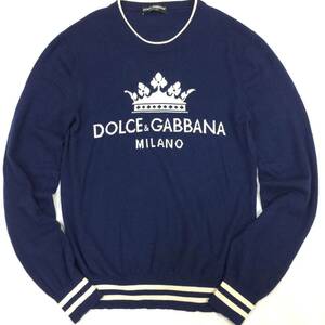 DOLCE＆GABBANA ドルチェ＆ガッバーナ DG KING クラウン ロゴ入り インターシャ編み 紺×白 薄手セーター カシミヤニット セーター 48=L位