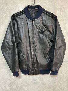 80s ヴィンテージ adidas Leather Jacket アディダス レザー ジャケット ブラック×ブラック MADE IN KOREA RUN DMC トラックジャケット