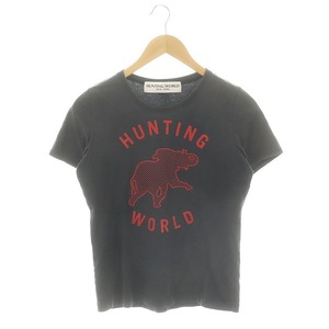 ハンティングワールド HUNTING WORLD Tシャツ カットソー 半袖 ロゴプリント S 紺 ネイビー グレー /AQ メンズ