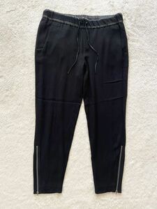 HELMUT LANG size2 USA製ブラックデザインパンツ レーヨン 黒 ヘルムートラング レザーパイピング 裾ジッパー バイカー