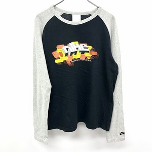 ナイキ NIKE Tシャツ プリント 3Dグラフィック ロゴ 丸首 ラグラン 長袖 綿100% 150-160(L) ブラック×ヘザーグレー 黒 キッズ ジュニア