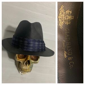 GLADHAND & Co. グラッドハンド　日本製　天然草　プンタール　パナマハット　墨黒×紺白　シルクテープ　帽子　59cm ストローハット 帽子