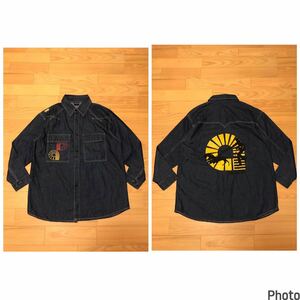 着用やや少な目.美品☆2000s.Y2K〜Akademiks・アカデミックス オーバーサイズL超大き目　濃紺インディゴデニム長袖シャツ 背BIGロゴ&両面入