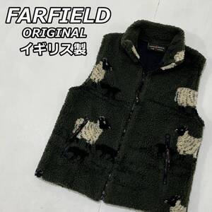 【FARFIELD ORIGINAL】ファーフィールド オリジナル イギリス製 羊柄 ボア シェルパ フリース ジップ ベスト 緑 グリーン MADE IN UK