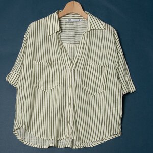 メール便◯ ZARA ザラ サイズUS S 半袖 シャツ オーバーサイズ ドロップショルダー ストライプ レディース カジュアル 春夏 トップス