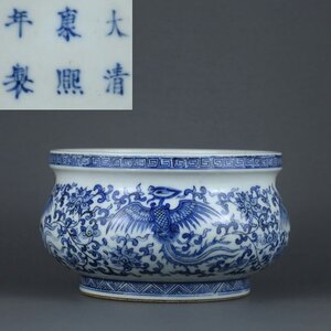 ▼渡鶴羽▼P495清康熙 青花鳳穿纏枝蓮紋香炉・古陶磁器 ・珍品旧蔵・古賞物・時代物