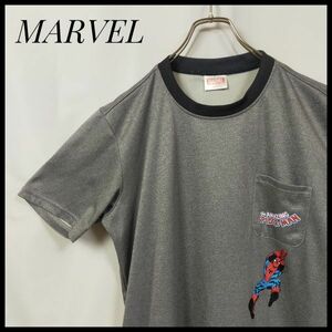 マーベル　半袖Ｔシャツ　スパイダーマン　キャラクター柄　ヒーローアニメ　デカロゴ　ムービー　映画　クルーネック　ポケット