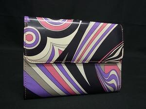 ■美品■ EMILIO PUCCI エミリオプッチ パテントレザー がま口 三つ折り 財布 ウォレット ブラック系×パープル系×ピンク系 DH0417