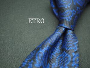 美品【ETRO エトロ】 C1607 ブラック ネイビー系 ペイズリー SILK ブランド ネクタイ 古着 良品