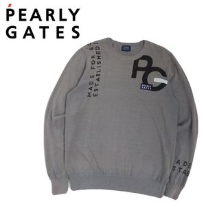 美品 近年新作 最高級 PEARLY GATES 蓄熱保温 薄手軽量 ビッグロゴ コットン ニットセーター メンズ4 パーリーゲイツ ゴルフウェア 2501113