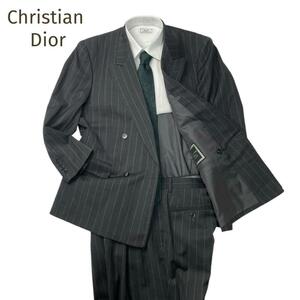 美品☆Christian Dior☆クリスチャンディオール ダークグレー 太ストライプ　Wボタン セットアップ スーツ 大きいサイズ XL相当