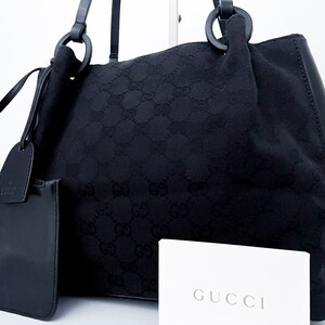 1円■超美品■GUCCI グッチ ポーチ付き キャンバス ロゴ総柄 型押し トートバッグ ビジネス メンズ レディース レザー 肩掛け可 ブラック